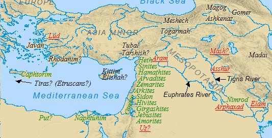 An Old Testament Map demonstrating the settlement of Canaan by the Canaanites.