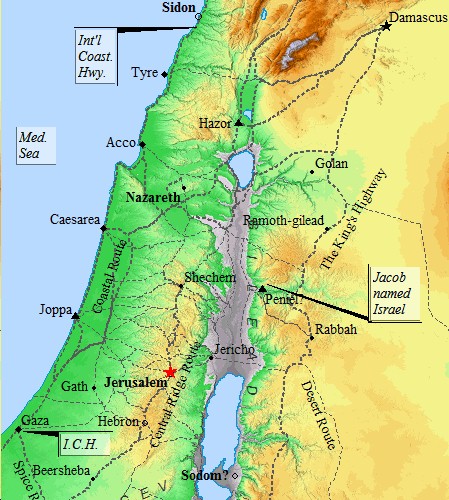 An Old Testament map of the cities and roads of ancient Palestine.