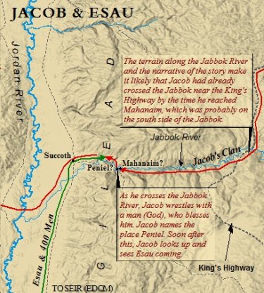 A map of the location where Jacob and Esau reunited after Jacob's long absence from Canaan.