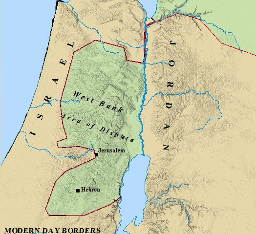 Map of modern day boundaries of Israel and Jordan.