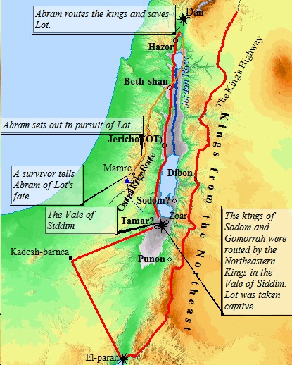An Old Testament map of the invasion of King Chederlaomer in Genesis in which Lot was taken captive.