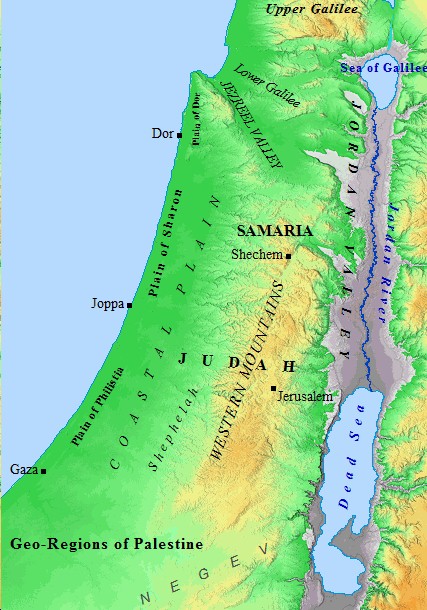 Old Testment map of ancient Palestine and its geo-Regions.