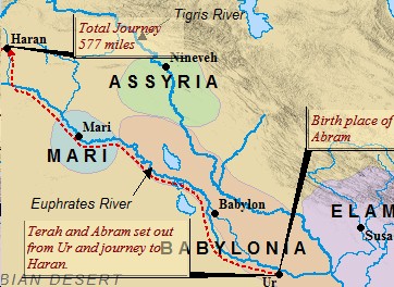 A map of Abraham's journey from Ur to Haran.