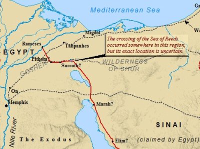 A map of the Exodus out of Egypt & the possible route taken by Moses.