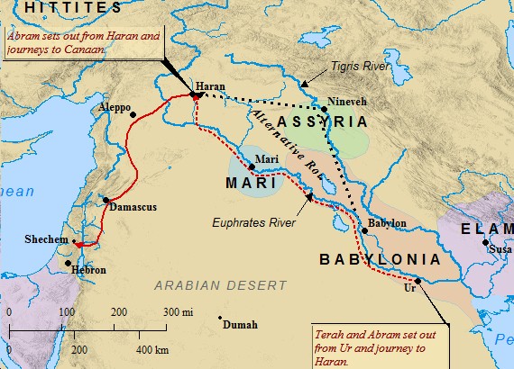 A map of the likely routes taken by Abraham and Terah on their journey from Ur.