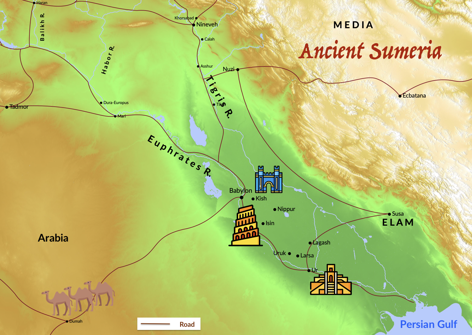 Map of Ancient Mesopotamia with key landmarks.