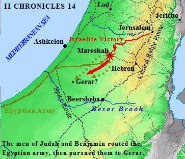 The Benjamites battle the Egyptians at Mareshah in II Chronicles 14