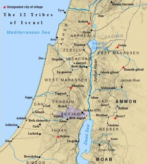 The Tribe of Benjamin is highlighted within the land of Canaan.