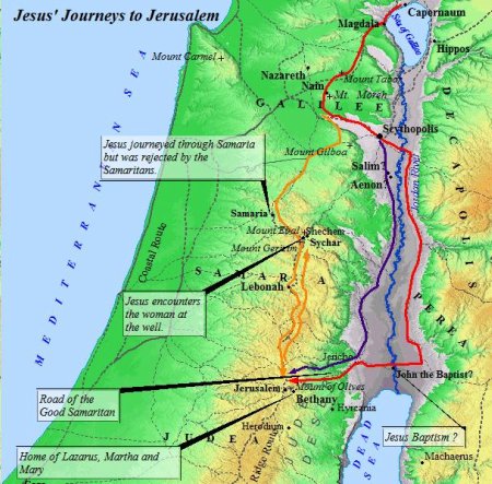 Routes Jesus traveled to Jerusalem .