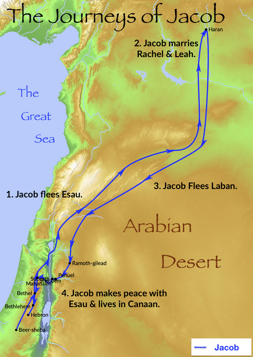 The journeys of Jacob in Canaan and Aram-naharaim.