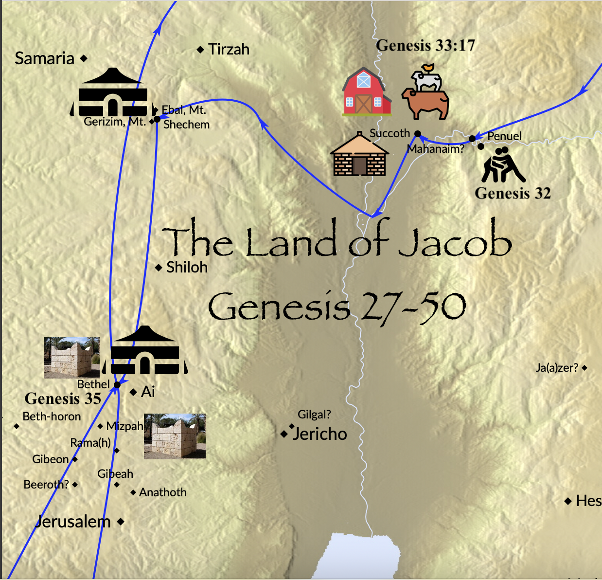 A map of Jacob's movements in the land of Canaan.