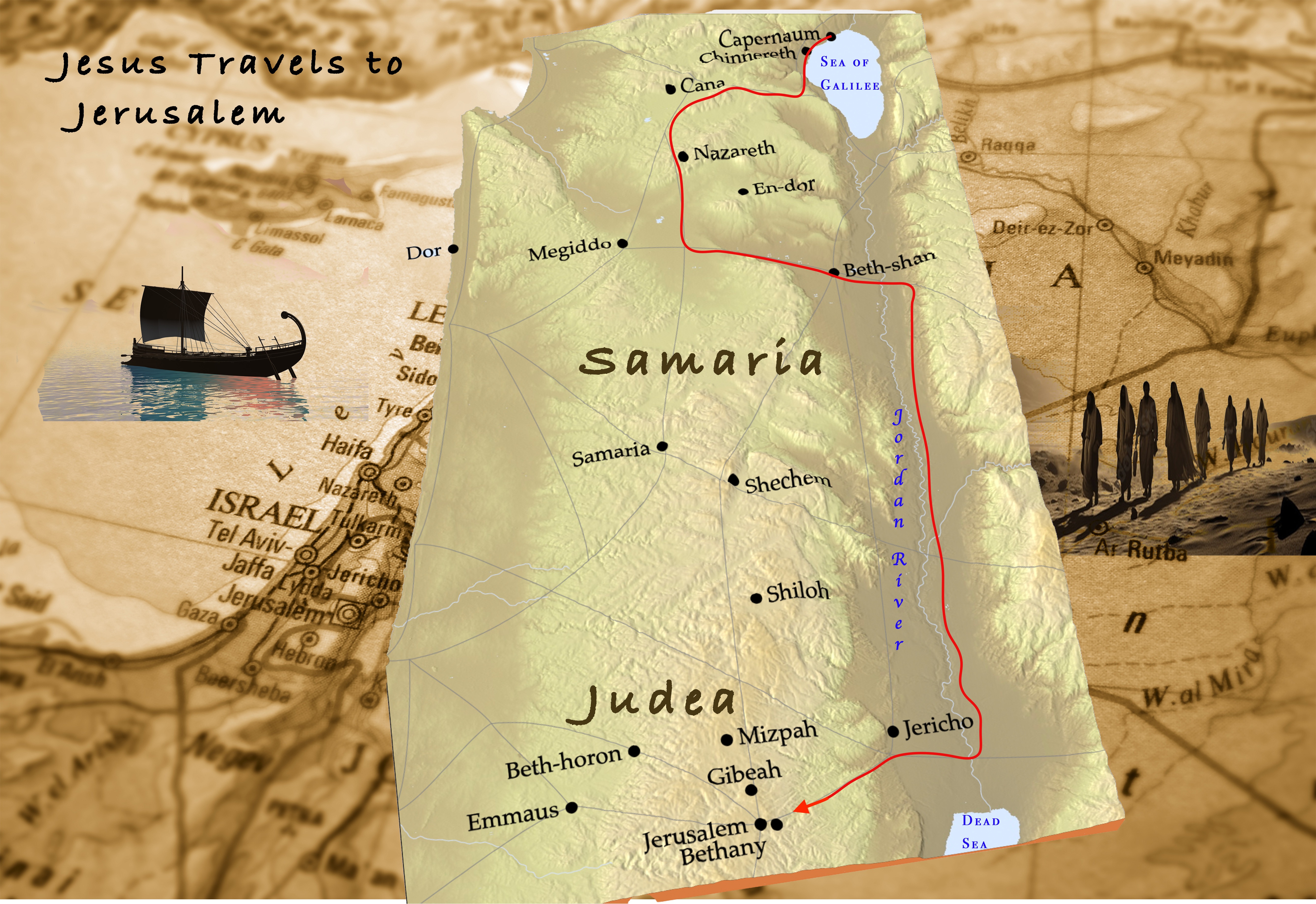 The route Jews took to Jerusalem avoiding Samaria. Jesus travelled this route, as well as the route that went through Samaria. He encountered the woman at the well on a trip back from Jerusalem.