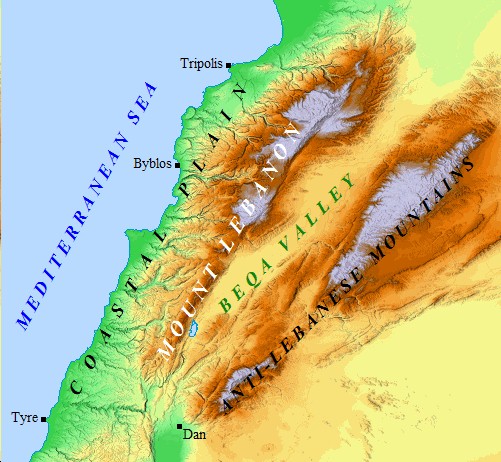 A map of the geography of Lebanon.