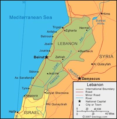 A map of Lebanon and Israel today.