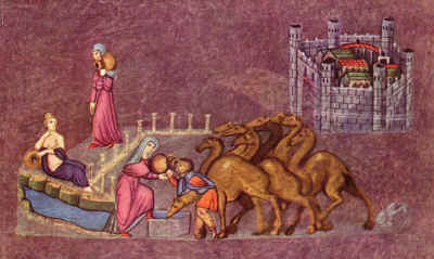Rebekah offers water to the servant's camels.