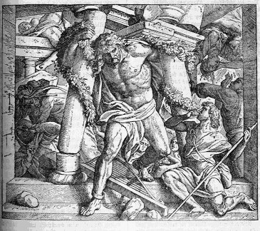 A picture of Samson bringing down the Philistine temple of Dagan.