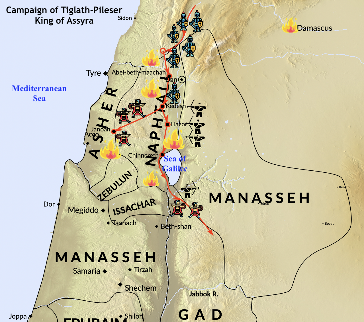 A map of the campaign of Tiglath-Pileser into the kingdom of Israel. The tribe of Dan, with the other northern tribes, were exiled and melted into history.