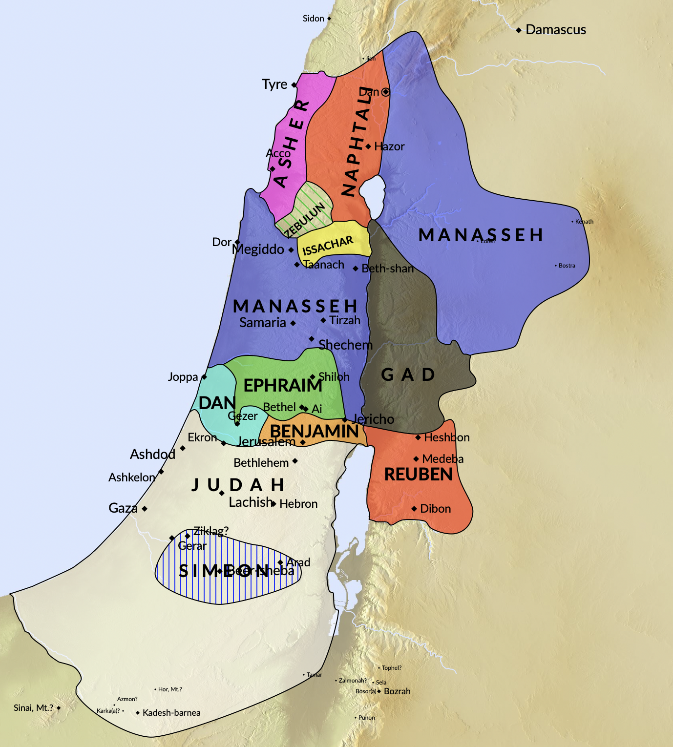 A map of the 12 Tribes of Israel.