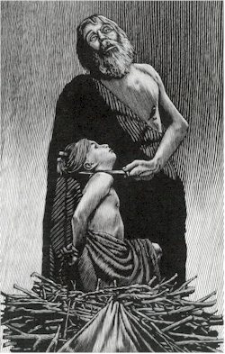A grieved Abraham holds a knife to Isaac's throat