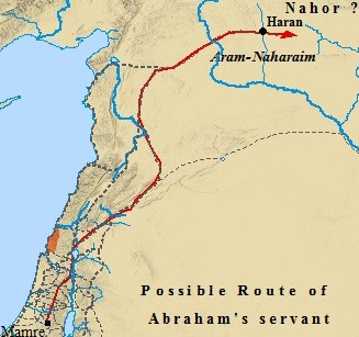 Map of the possible route taken by Abraham's servant to find Jacob a wife.