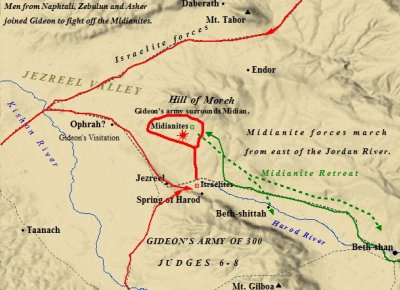 A map of Gideon and the tribe of Asher fighting against the Midianites.