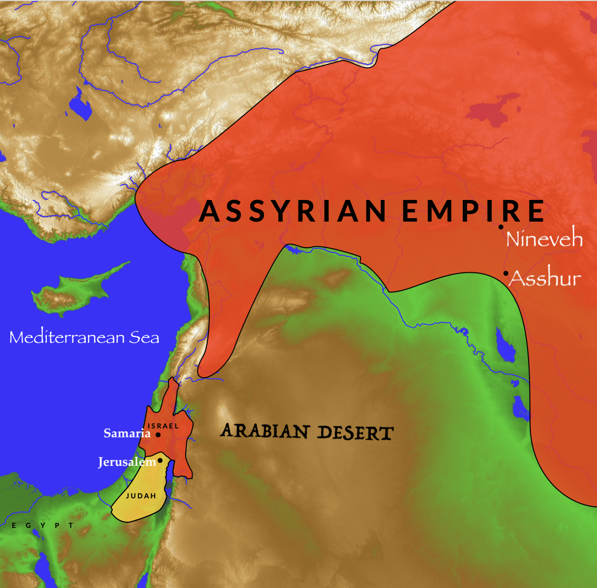 A map of the Assyrian Empire compared to the kingdoms of Israel & Judah. Assyria was the world's foremost power in it's time. It was always a threat to Israel.