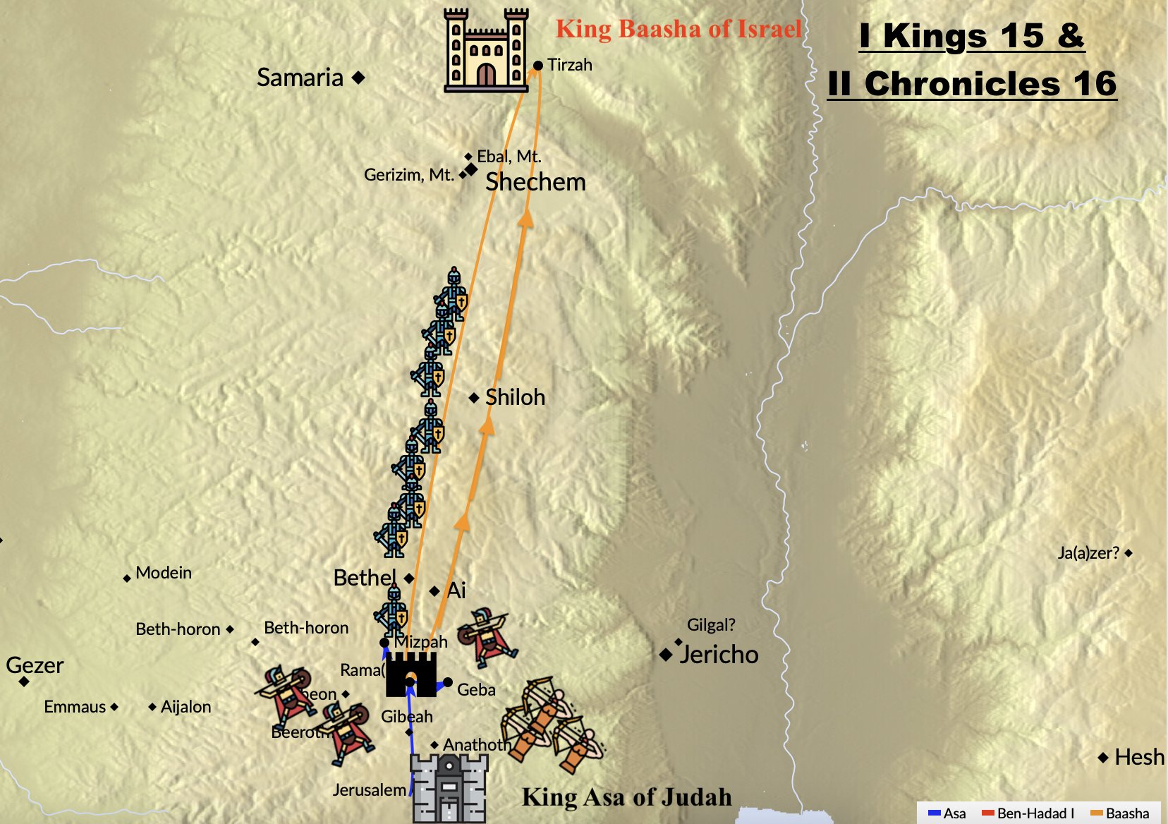 A map of King Baasha of Israel's war with King Asa of Judah.