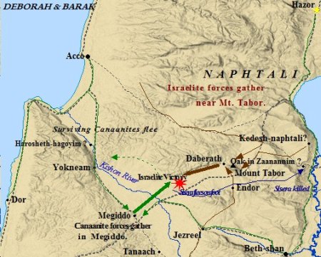 Map of Israelite Judges Deborah and Barak's victory over the Canaanites outside of Megiddo.