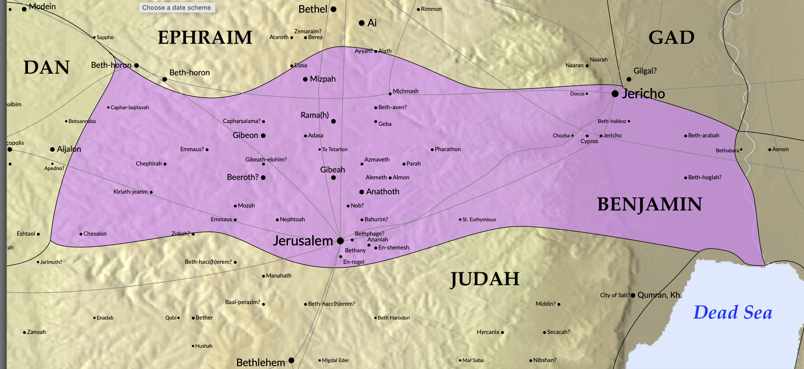 A map of the cities within the tribe of Benjamin.