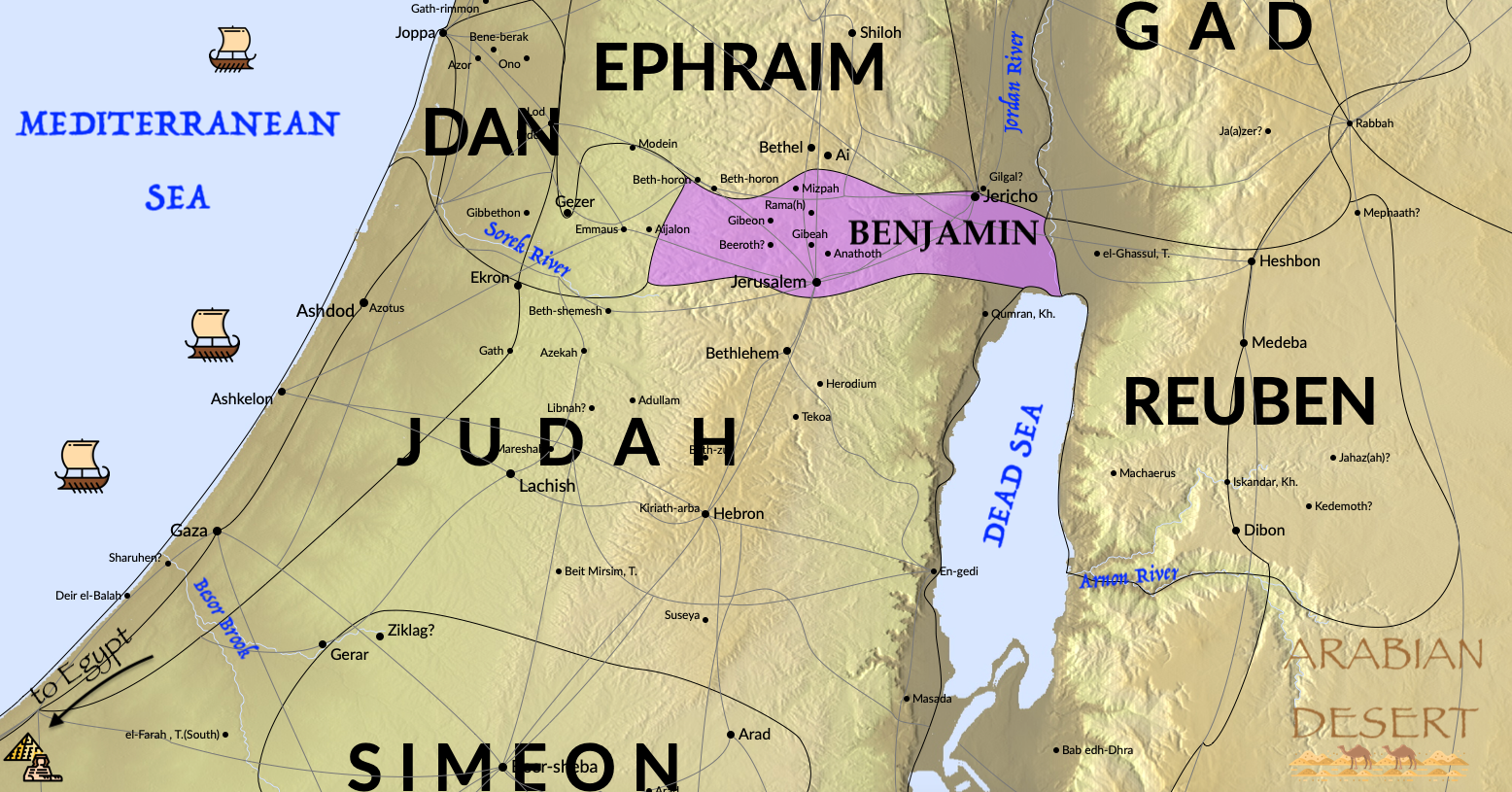 A map of the tribe of Benjamin borders and neighbors.