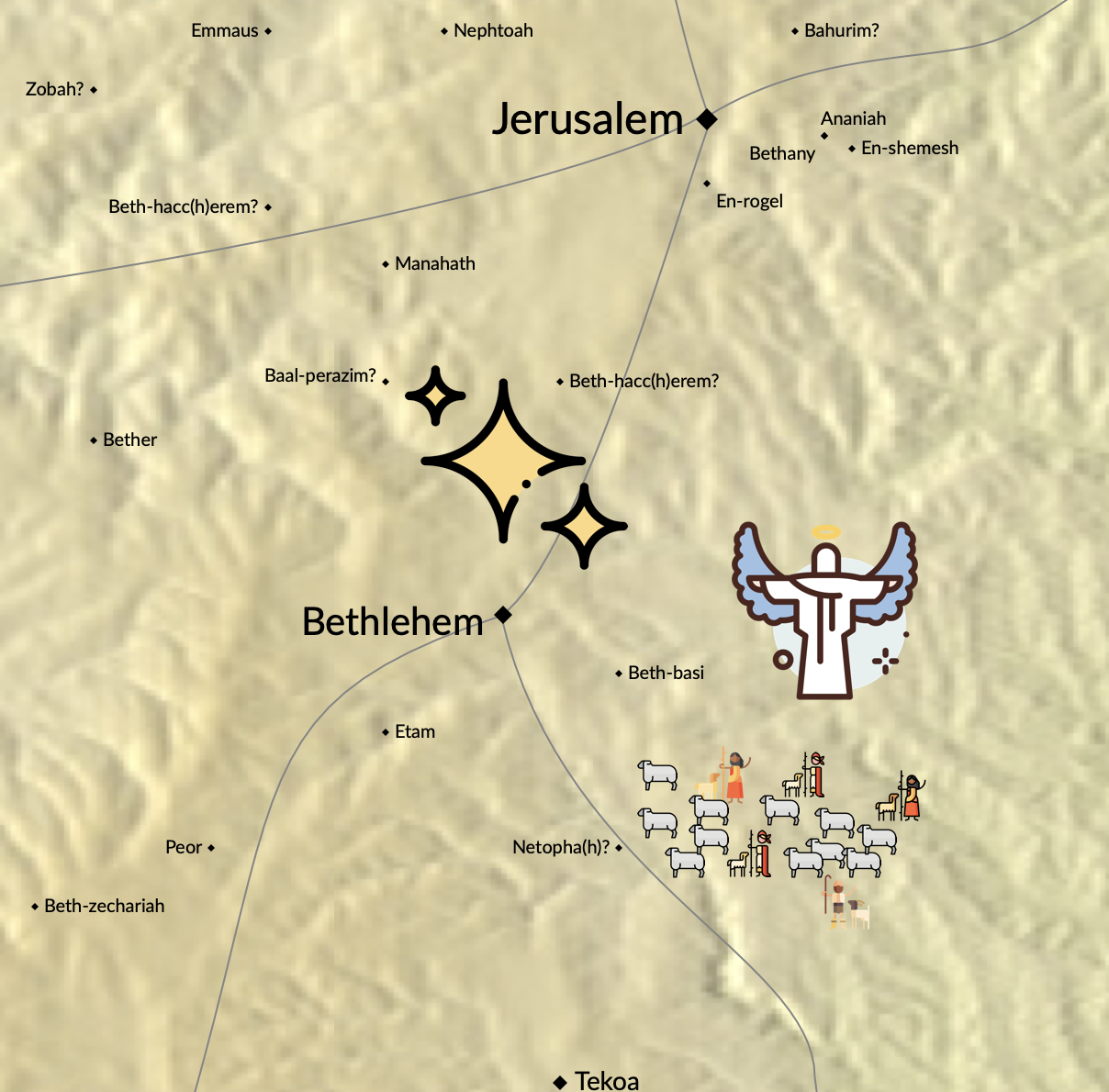 A map of Bethlehem and its nearby cities.