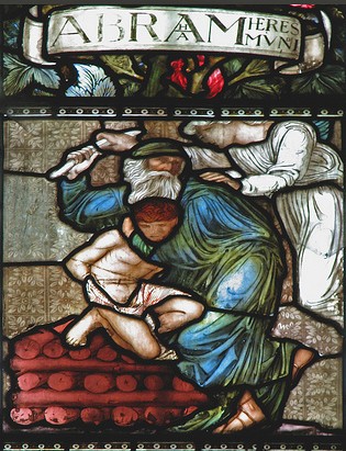 The binding of Isaac displayed on stained glass.