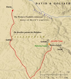 A map of the showdown between David & Goliath in the Valley of Elah. David killed Goliath and set the Philistine army into retreat.