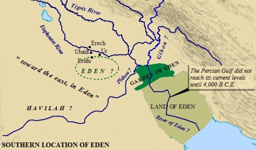 One possible location of the Garden of Eden is in southern Mesopotamia, at the mouth of the Persian Gulf.