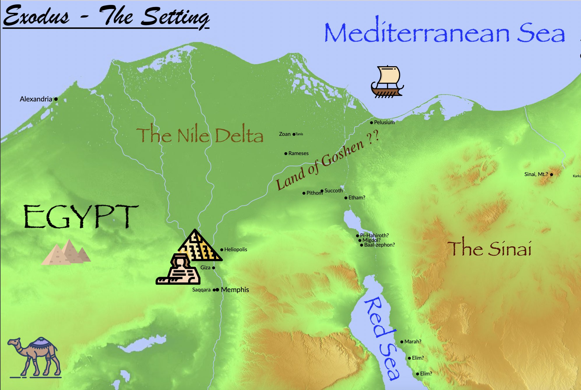 A map of the setting of the Exodus out of Egypt.