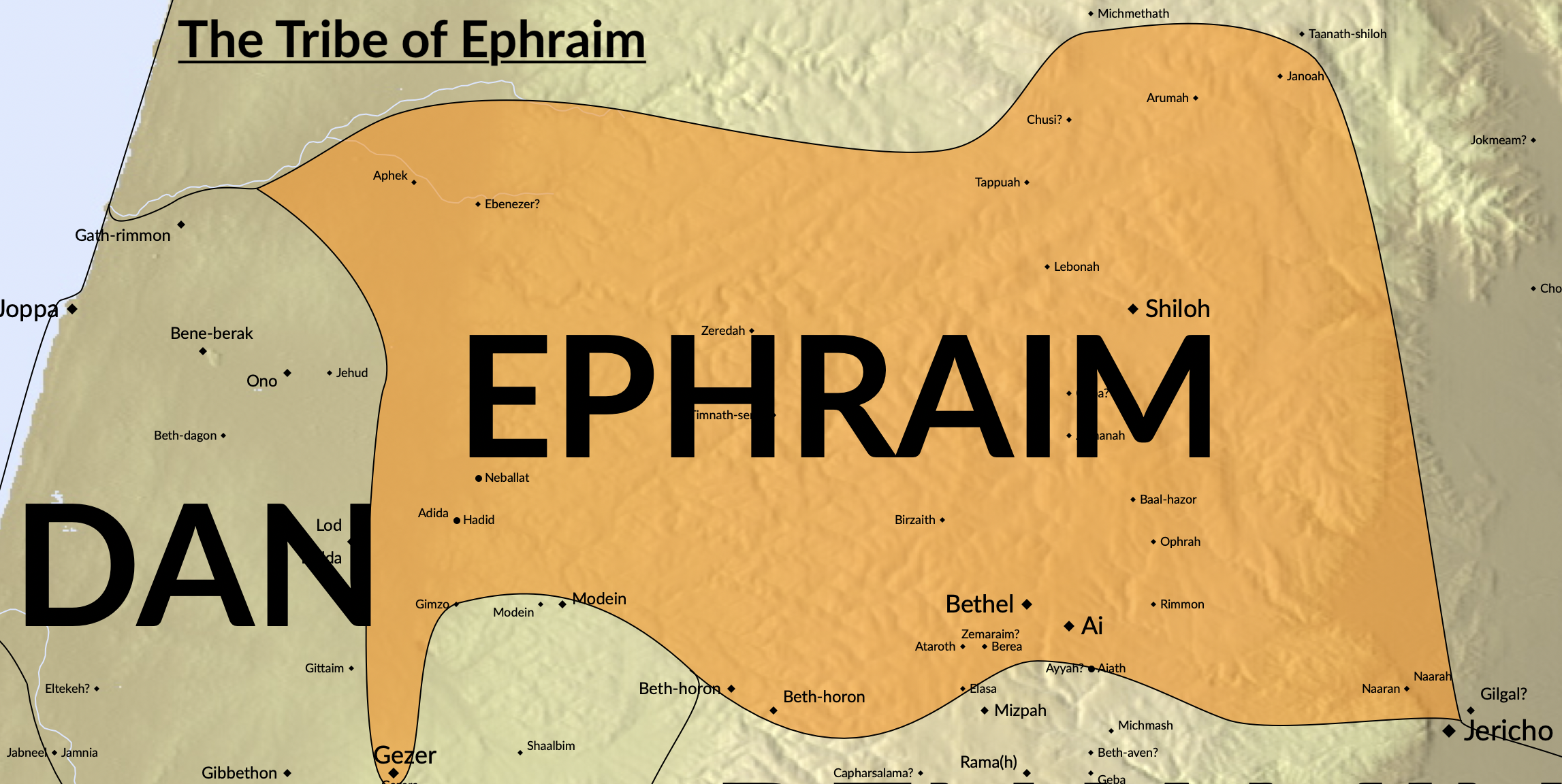 A map of the cities in the tribe of Ephraim.