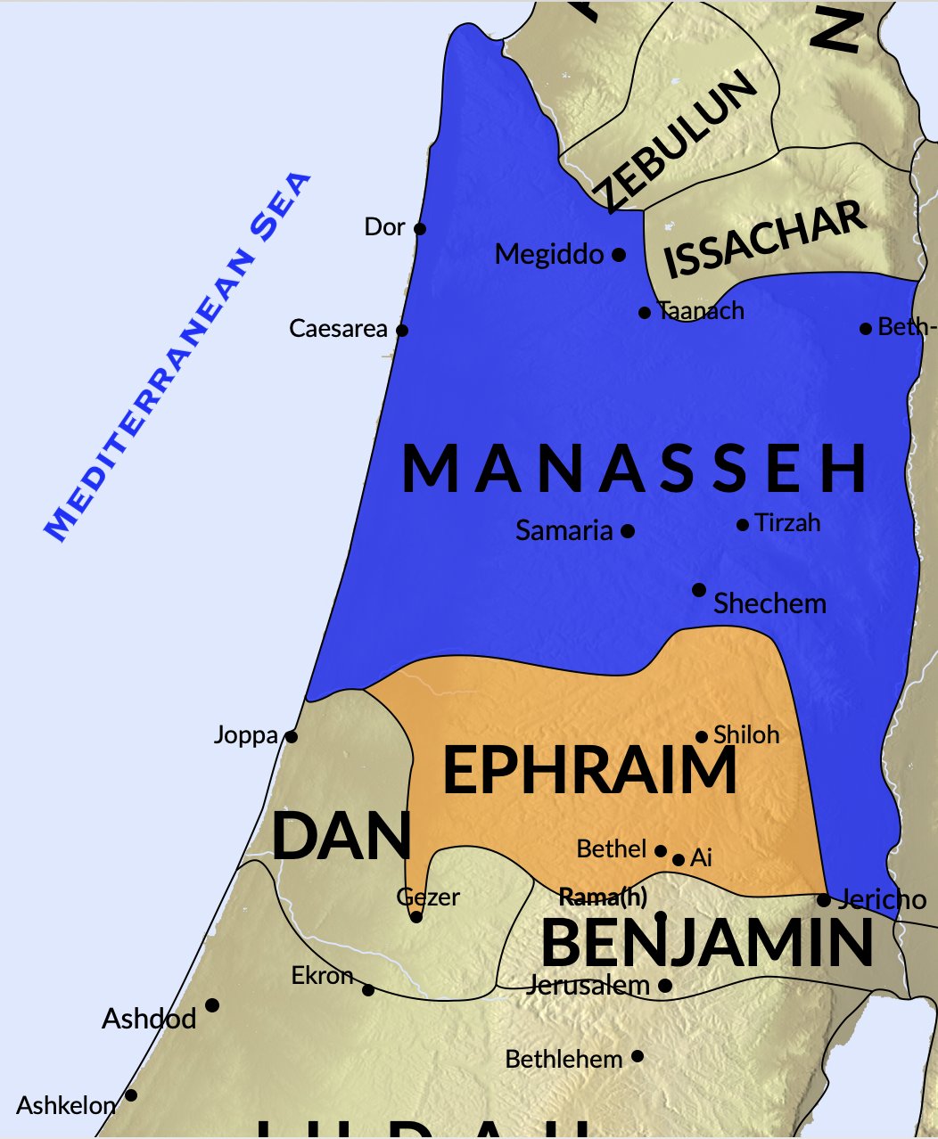 A map of the tribes of Ephraim and West Manasseh.