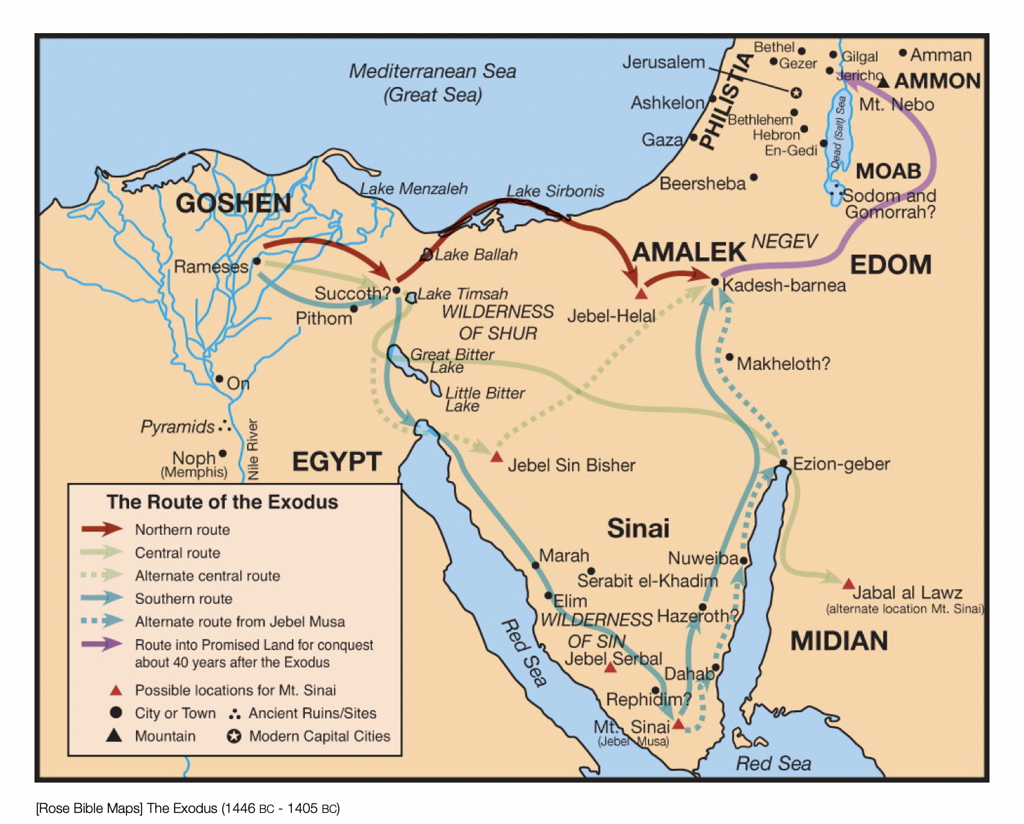 Possible routes of the Exodus according to the Rose Bible Guide.