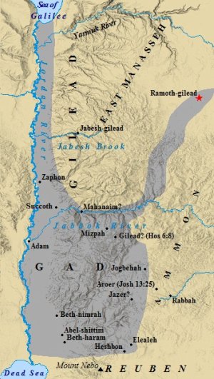 The tribal boundaries of the Tribe of Gad are highlighted in gray.