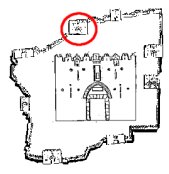 A sketch indicating the Damascus Gate, circled in red, in relation to the other gates of Jerusalem.