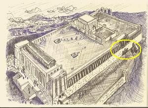 A drawing of the Golden Gate and the Temple during the time of Solomon.