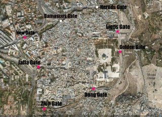 An overhead satellite image of the gate of Jerusalem surrounding the Temple and Old City.