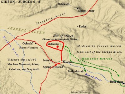 Gideon defeated the Midianites at the Hill of Moreh in the Jezreel Valley.