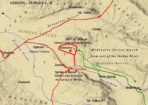 A map of Gideon's battle and deliverance of Israel.