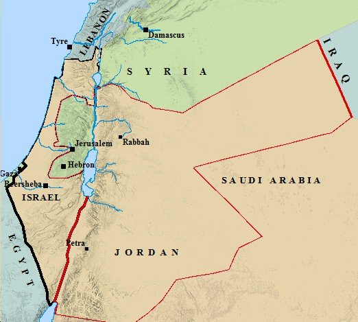 A map of Palestine & modern day boundaries & borders.