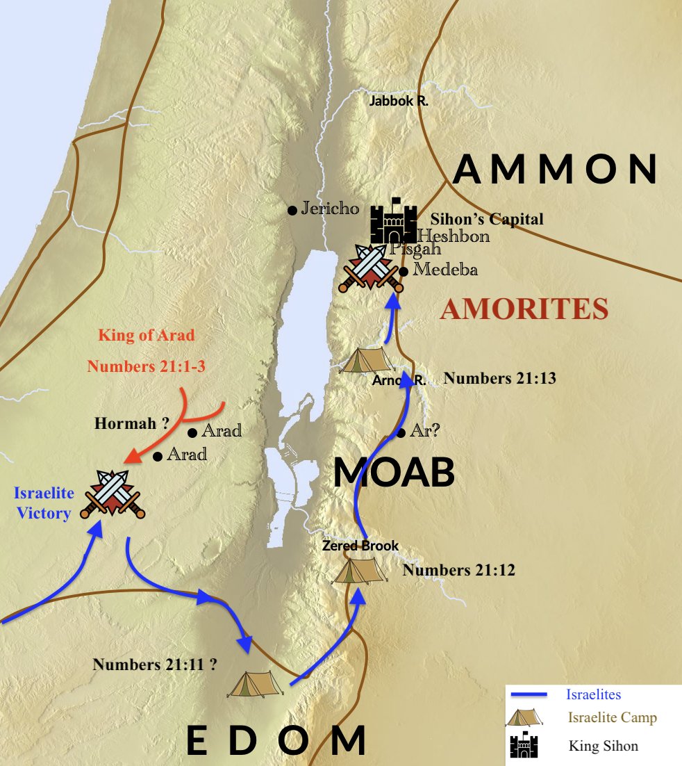 A map of the battle & conquest for the Transjordan against the warlords Og and Sihon.