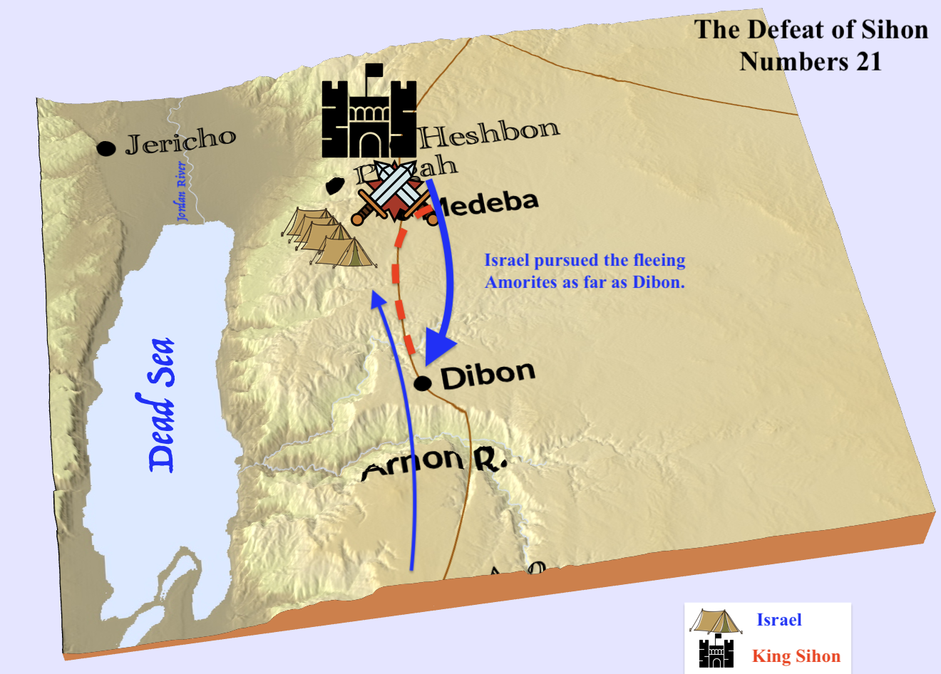 A map of the Israelite victory over Sihon, one of the Transjordan kings. Og & Sihon were both defeated by Moses.