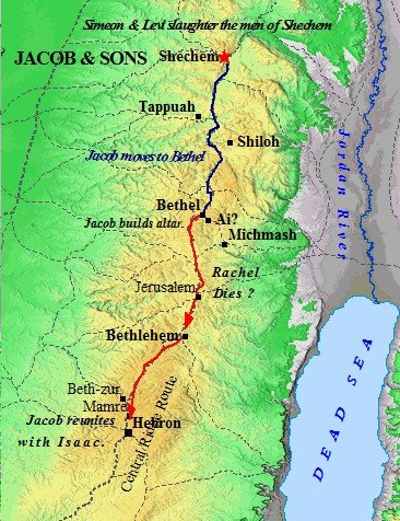 A map of Jacob and his sons movements in Canaan.