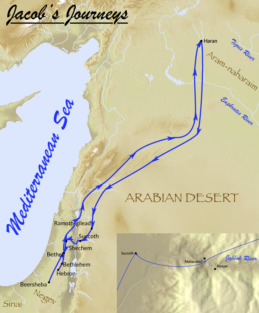 A map of Jacob's journeys in the land of Canaan & Aram-naharaim.