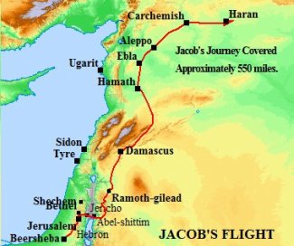 A map of Jacob's journey to Aram-naharaim to escape Esau's wrath.